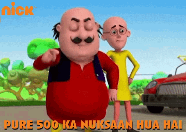two cartoon characters are standing next to each other with the words pure 500 ka nuksaan hua hai above them