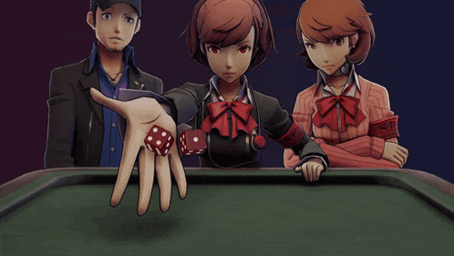 a group of anime characters are looking at a pair of red dice