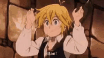 a cartoon character is standing in front of a wall with his hands in the air and says ban .