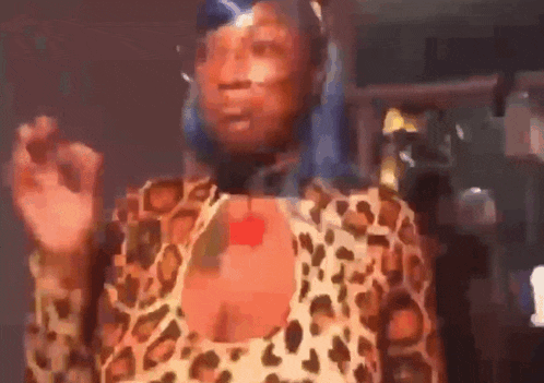 a woman is wearing a leopard print top and a blue scarf .