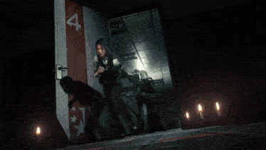 a woman is running through a doorway while a man holds a knife