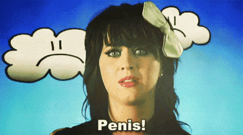 a woman with a bow in her hair says penis in front of a sad face