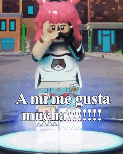 a picture of a lego girl with the words a mi me gusta mucha