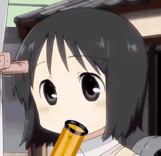 a close up of a cartoon character holding a yellow object in her mouth