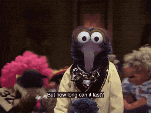 a cartoon character says " but how long can it last " in a dark room