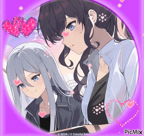 a picture of a couple of anime girls with hearts around them
