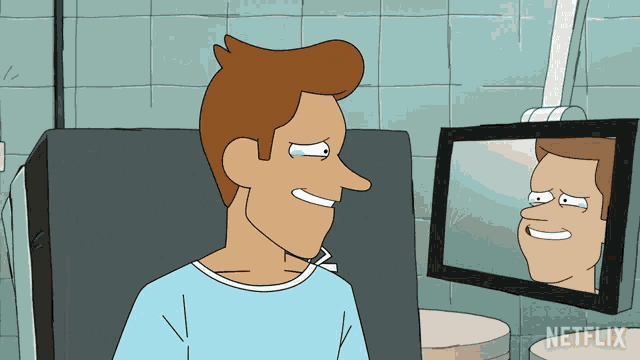 a cartoon of a man looking at his reflection in a mirror with a netflix logo on the bottom