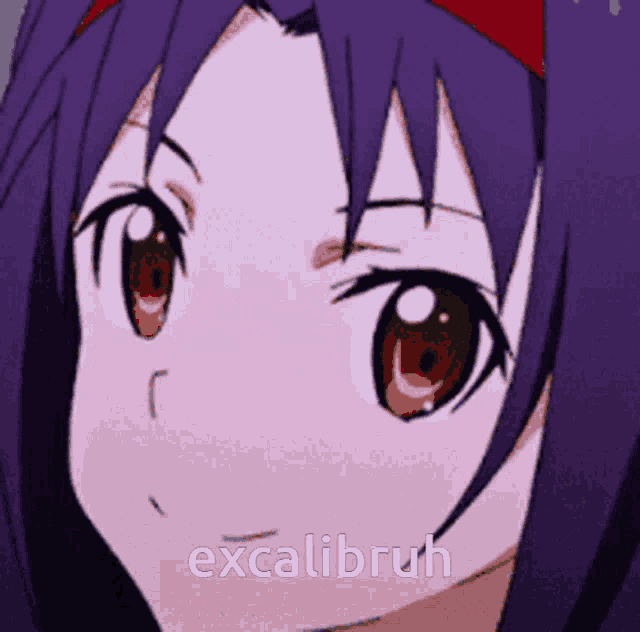 a close up of a girl 's face with the words excalibruh written below it