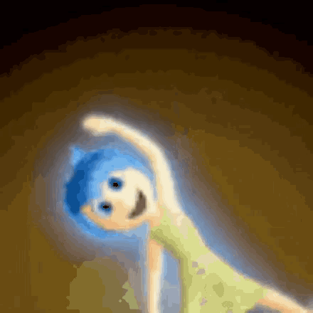a cartoon character with blue hair and a yellow shirt