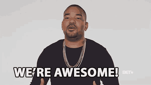 a man says we 're awesome in front of a white background