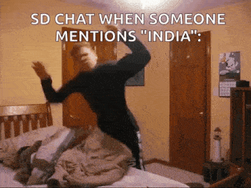 sd chat when someone mentions " india " : a man is jumping on a bed