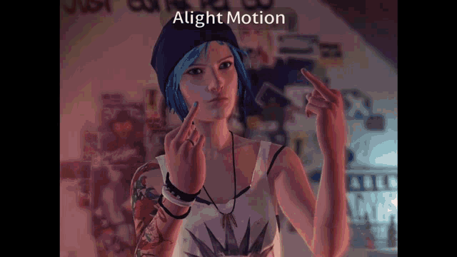 a girl with blue hair is giving the middle finger in a video game