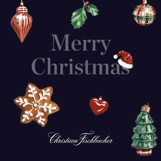 a merry christmas greeting card with gingerbread cookies and christmas decorations