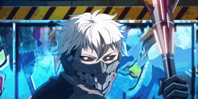 a man with a mask on his face is holding a stick