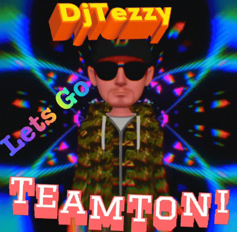 a cartoon of a man with sunglasses and the words let 's go teamtoni on the bottom