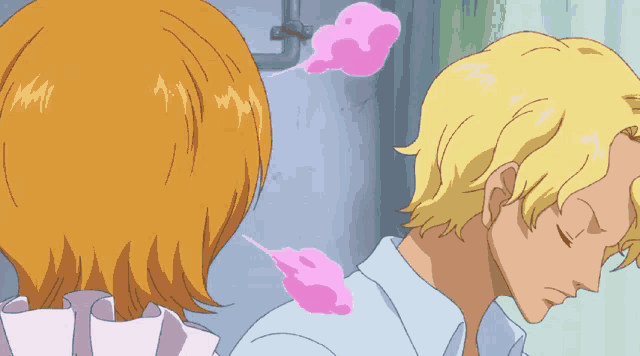 a man and a woman are looking at each other