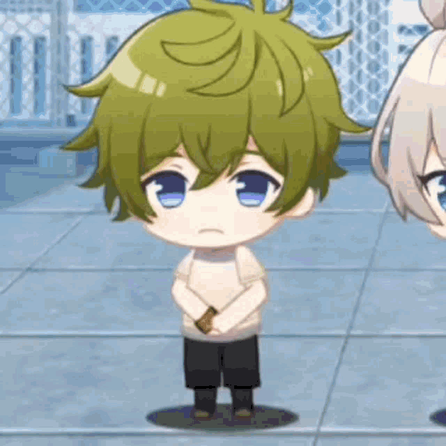 a little boy with green hair and blue eyes is standing on a tiled floor with his hands folded .