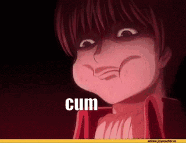 a cartoon character is making a funny face and the word cum is on the bottom