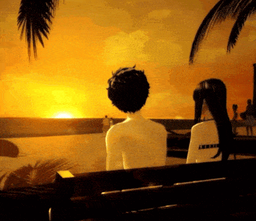 a man and a woman are sitting on a bench watching the sunset
