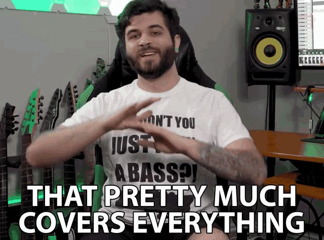 a man wearing a shirt that says " just a bass "