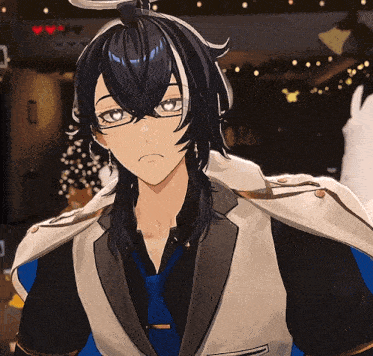 a cartoon character with long black hair is wearing glasses and a cape