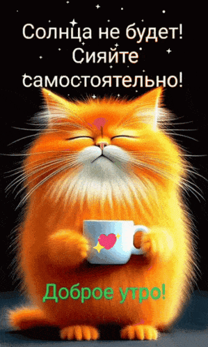 an orange cat is holding a white cup with a heart on it and says доброе утро