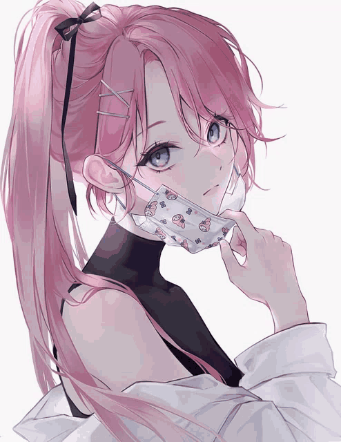 a girl with pink hair is wearing a mask with a pattern of hello kitty on it