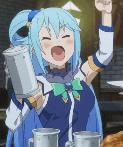 a girl with blue hair is holding a pitcher in her right hand