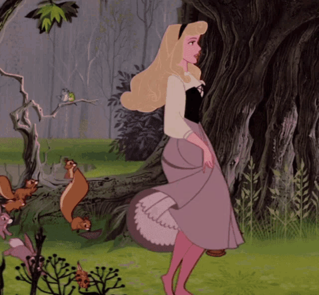 a cartoon of princess aurora standing in a forest