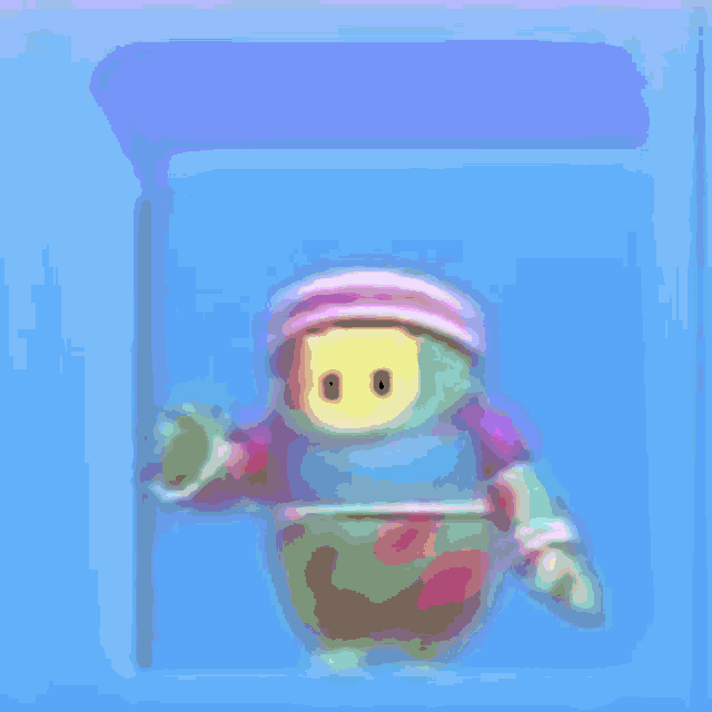 a pixel art of a person in a hat standing in front of a pink background .