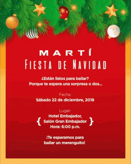 a red and yellow poster for marti fiesta de navidad with christmas decorations on it
