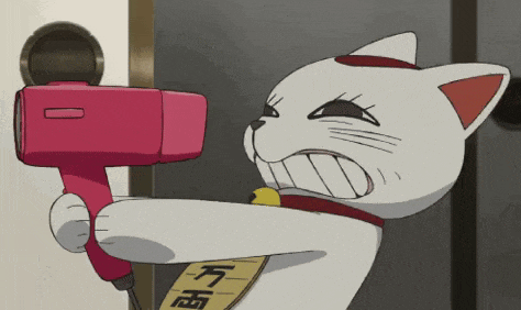 a cartoon cat is holding a pink hair dryer in its paws