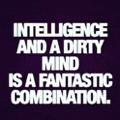 a purple background with white text that says `` intelligence and a dirty mind is a fantastic combination '' .