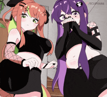 two anime girls are standing next to each other with eclipse written in the corner