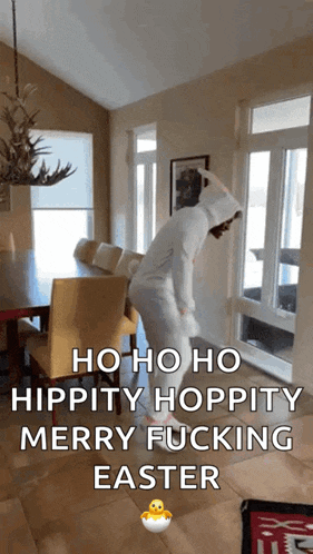 a person in a bunny costume says ho ho ho hippity hoppity merry fucking easter in a room