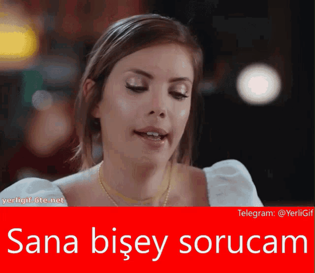a picture of a woman with the words sana bisey sorucam