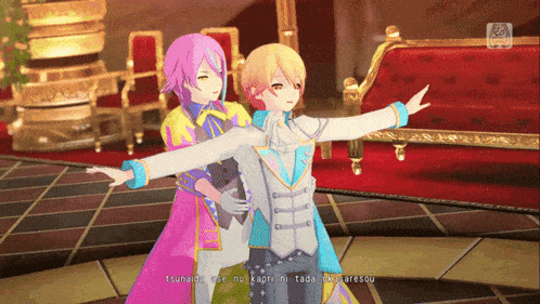 a couple of anime characters standing next to each other with their arms outstretched in a room with a red couch behind them
