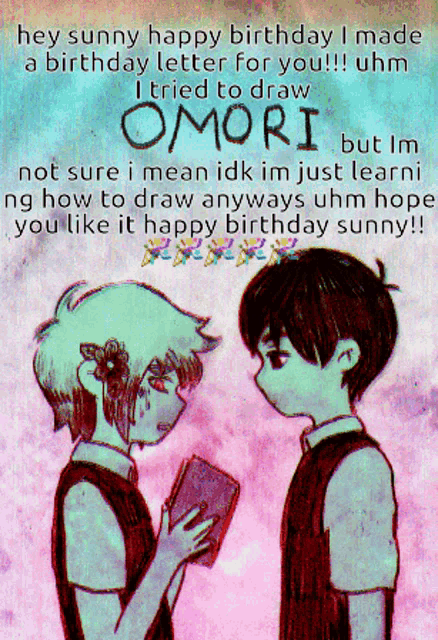 a drawing of a boy and a girl with omori written on the bottom