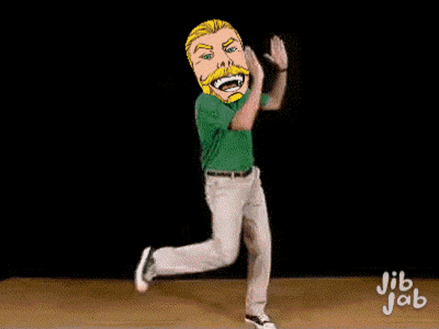a cartoon of a man in a green shirt and white pants