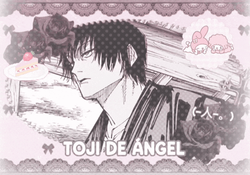 a black and white drawing of a man with the words toji de angel written below him