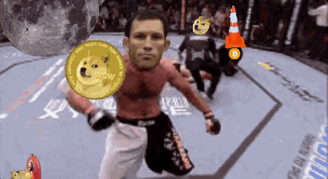 a man in a boxing ring with a coin that says wow