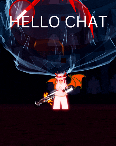 a poster that says hello chat with a cartoon character holding a sword