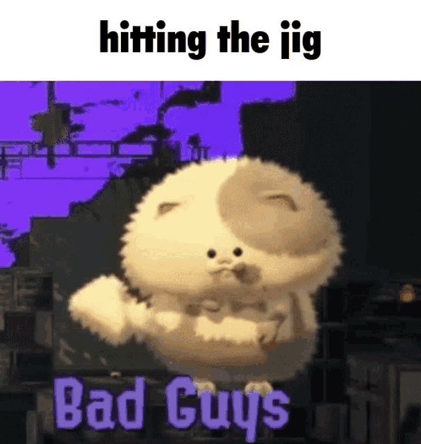 a cartoon cat is dancing in front of a purple background and the words `` hitting the jig bad guys '' .