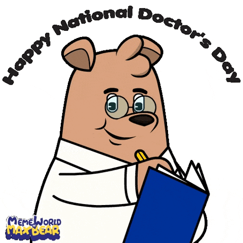 a cartoon of a bear in a lab coat holding a book with the words happy national doctor 's day