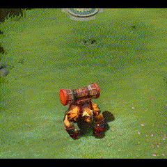 a video game character is flying through the air holding a red barrel