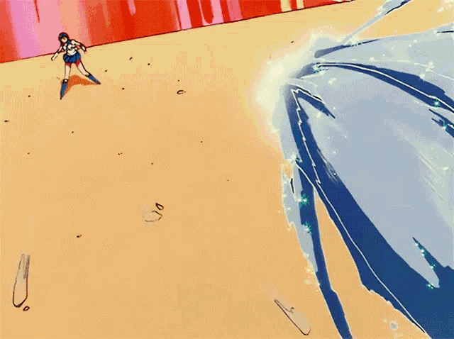 a girl in a blue skirt and white gloves stands in front of a wave