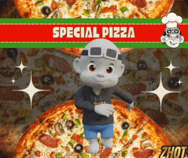 a cartoon character is standing in front of a pizza with the words special pizza on it