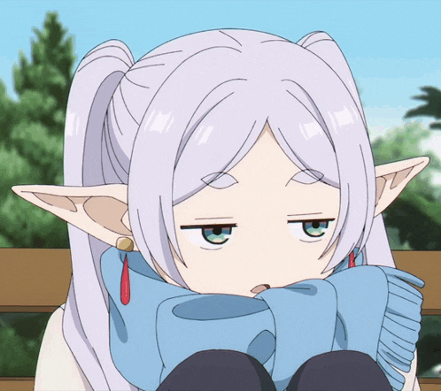 a girl with white hair and green eyes is wearing a blue scarf