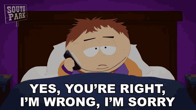 a south park character is laying in bed talking on a phone
