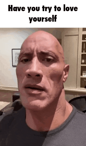 a bald man is making a funny face with the words `` have you try to love yourself '' above him .